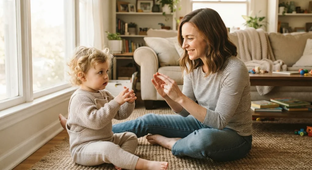 parent teaching toddler a miss rachel words sign for more