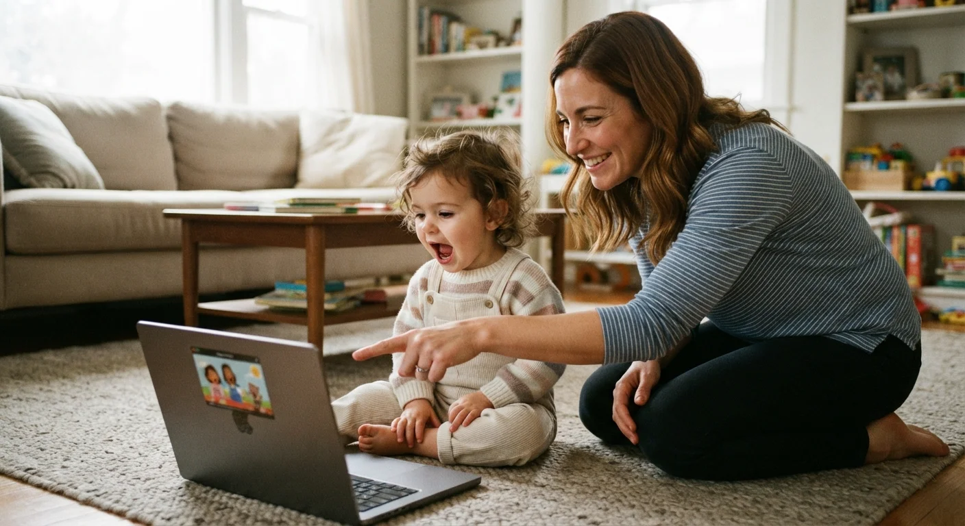 toddler saying miss rachel words while watching a learning video with a parent