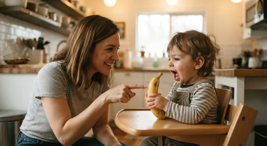 toddler practicing miss rachel words like banana and more at mealtime