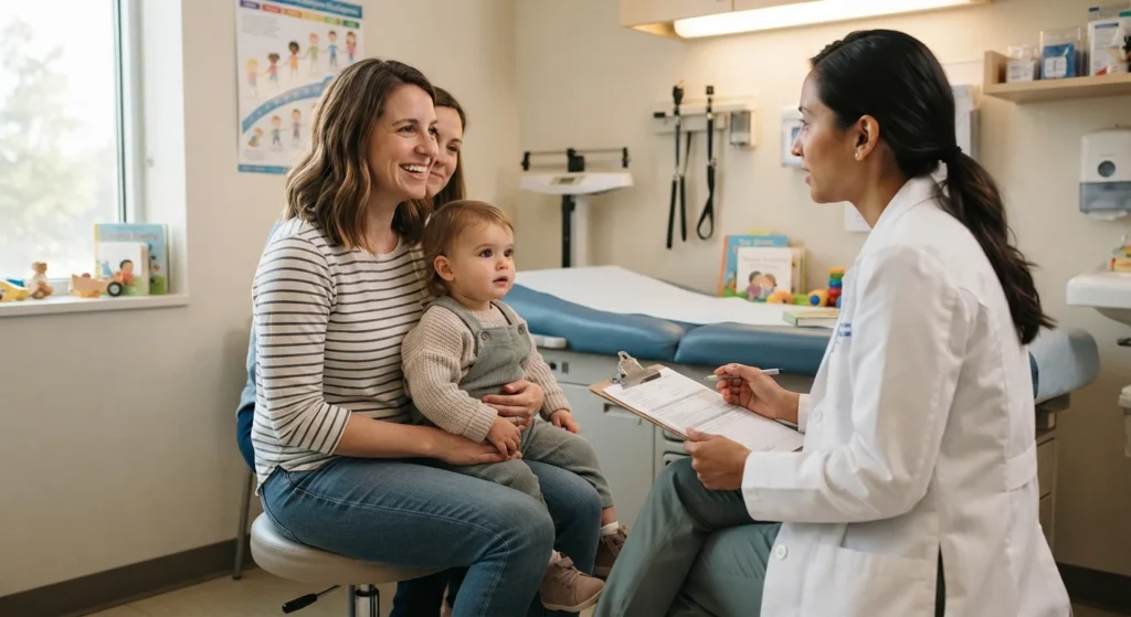 parent discussing miss rachel words progress with a pediatrician