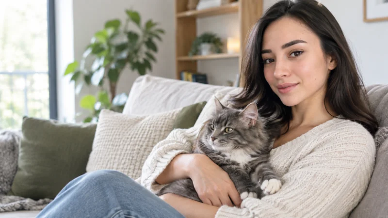 Woman relaxing on a comfortable sofa while cuddling a fluffy gray cat in a bright, cozy living room.