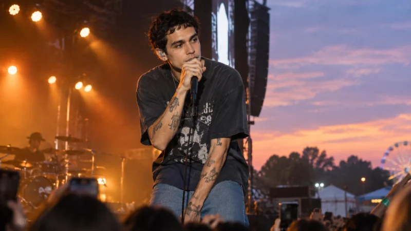 Dominic Fike performing live on stage during a music festival set