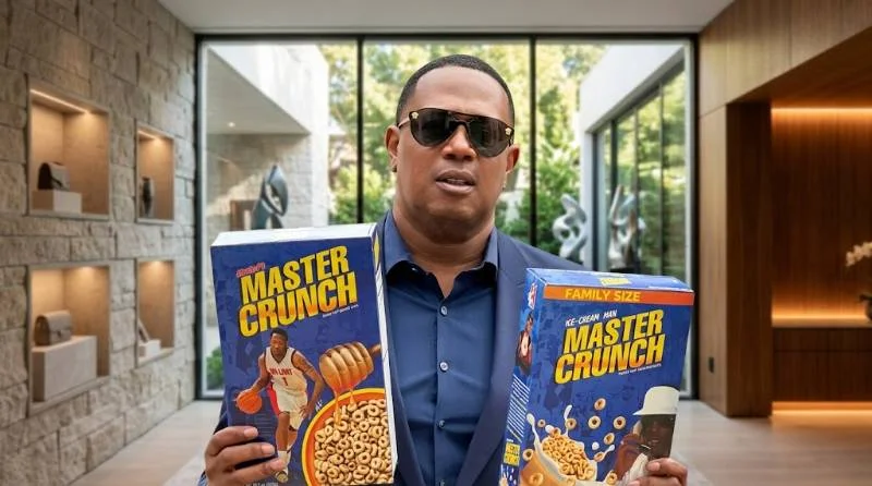 Master P in a grocery aisle next to Rap Snacks and Uncle P products
